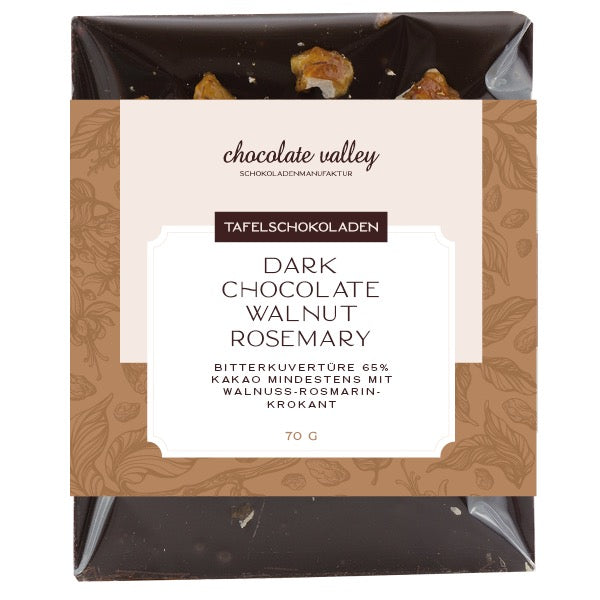 VEGAN Dunkle Kuvertüre Walnuss Rosmarin Krokant