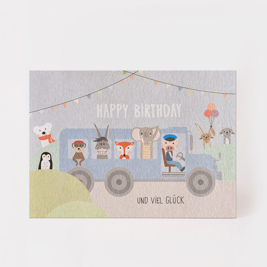 HAPPY BIRTHDAY TIERE IM BUS Postkarte