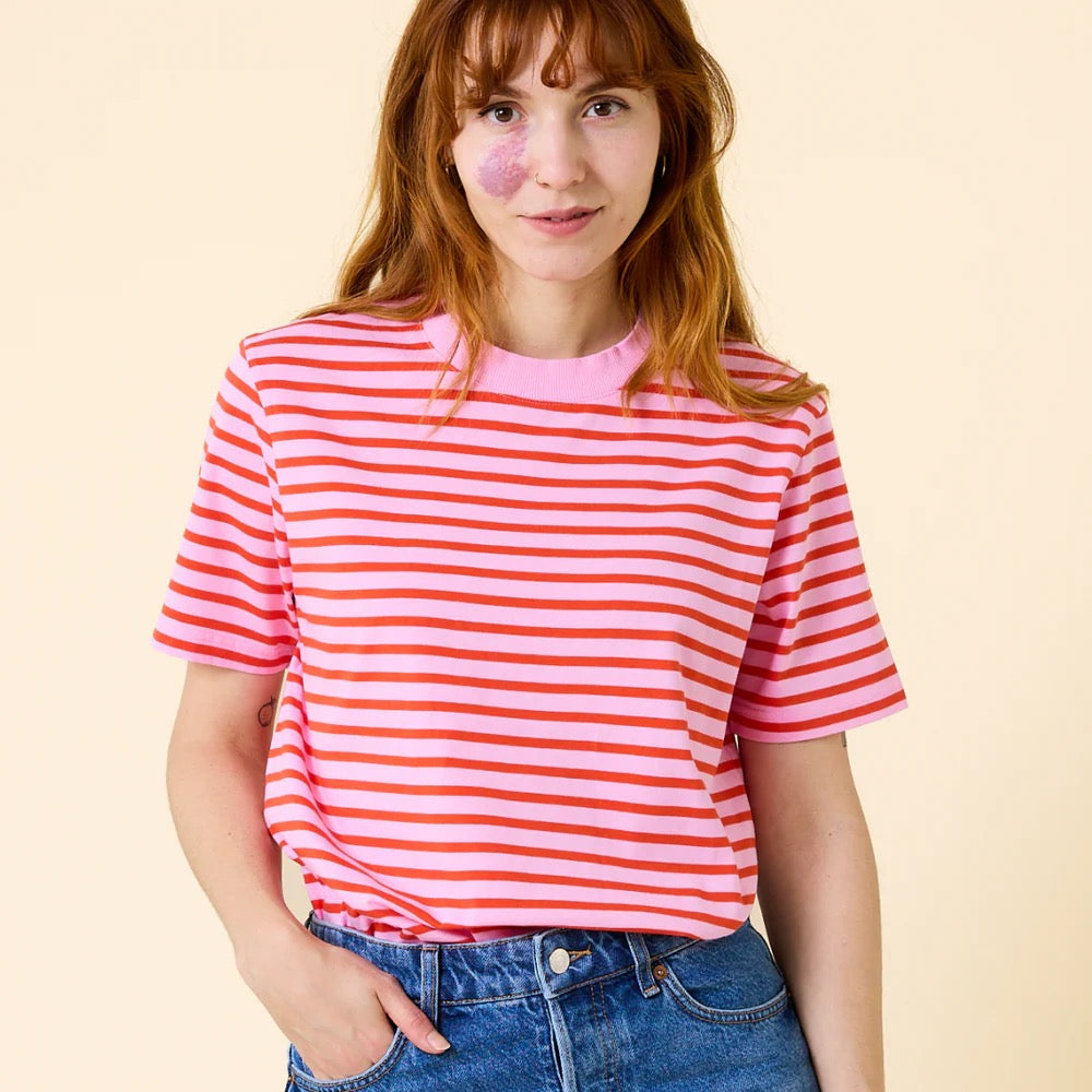 T-Shirt Gestreift aus Bio-Baumwolle in Pink/Rot  Angebotspreis