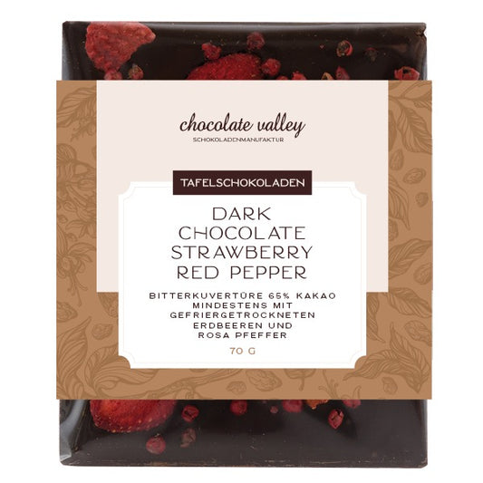 VEGAN Dunkle Kuvertüre Erdbeere & rosa Pfeffer